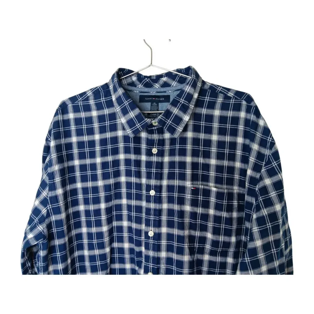 Tommy Hilfiger XXL Custom Fit Blue White Plaid Button Down Shirt Cotton Casual - Picture 5 of 16